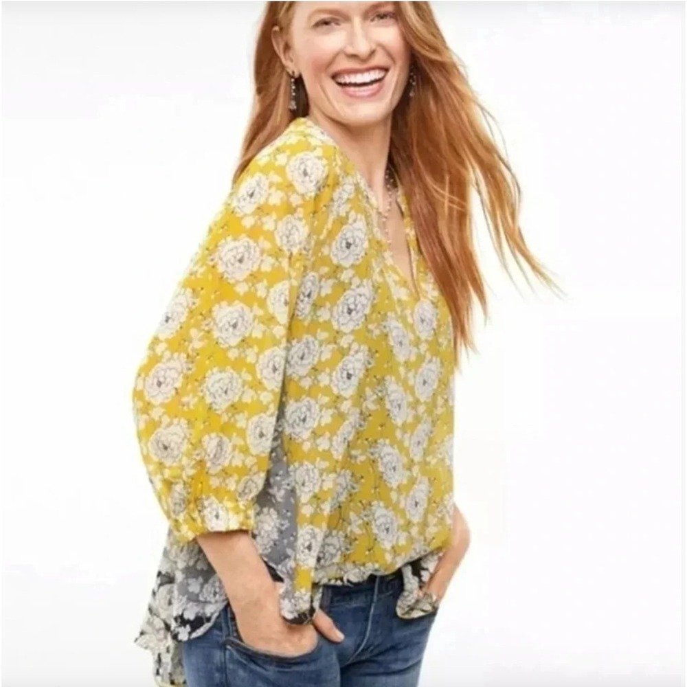Cabi Amelia Gather Blouse Yellow Floral Chiffon Women's L Boho Garden Flowy Chic